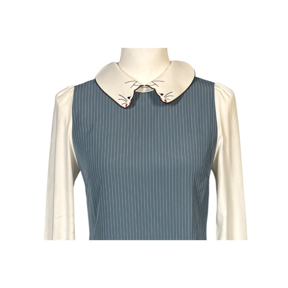 Miss Patina London Mini Dress Size Small Gray Pinstripe Kitten Collar Retro 60s - Picture 3 of 9